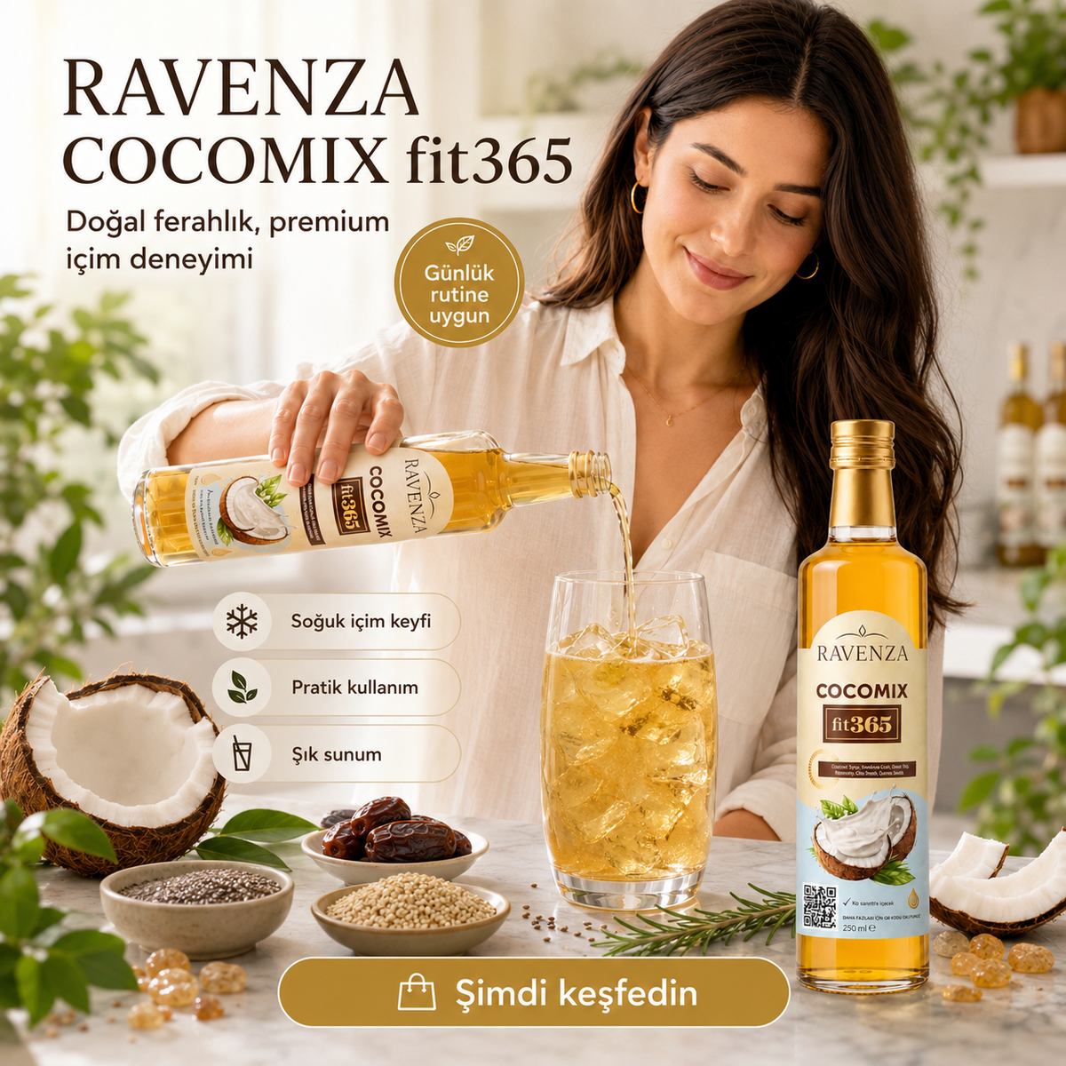 Ravenza Cocomix Fit365 – Kokosdrankconcentraat met Groene Thee, Chiazaad, Quinoa, Rozemarijn & L-Carnitine – 250 ml