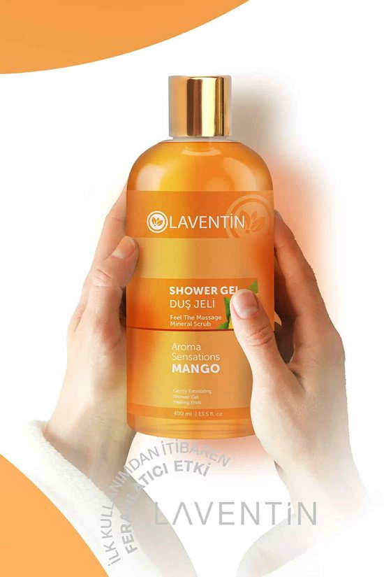 Laventin Showel gel Energy Feel the Massage Mineral Scrub - Verrijkt met mangoaroma - Zuiverende Verfrissende Hydraterende Mango Douchegel - voor Mannen & Vrouwen - Dermatologisch getest - 400 ml