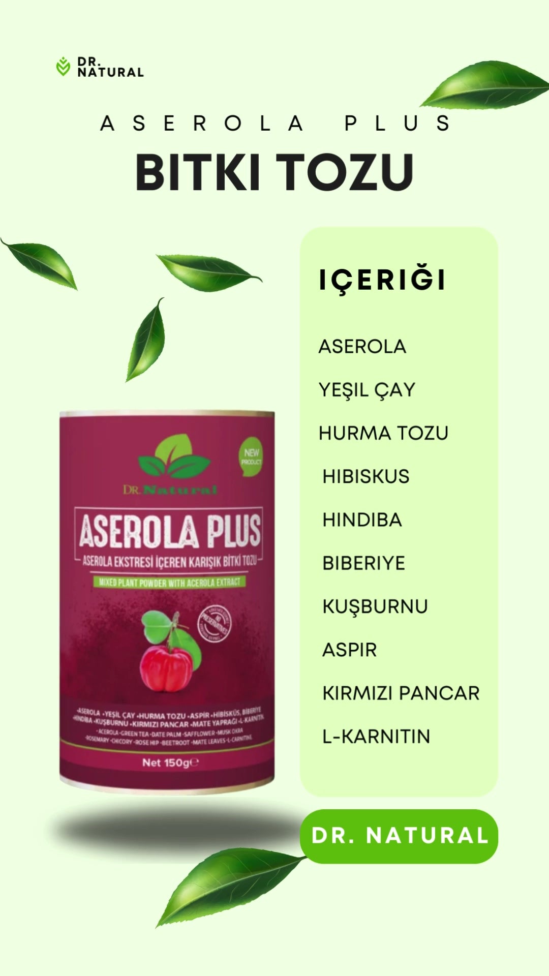 Dr. Natural Acerola Plus Poeder met Acerola Extract - Gemengd Plantenpoeder - 200 g