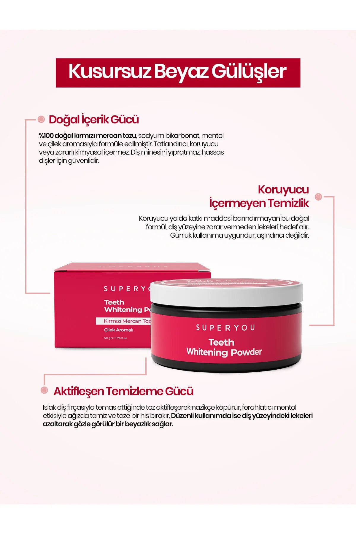 SuperYou Teeth Whitening Powder Rode Koraal Aardbei Tandbleekpoeder - 70 g