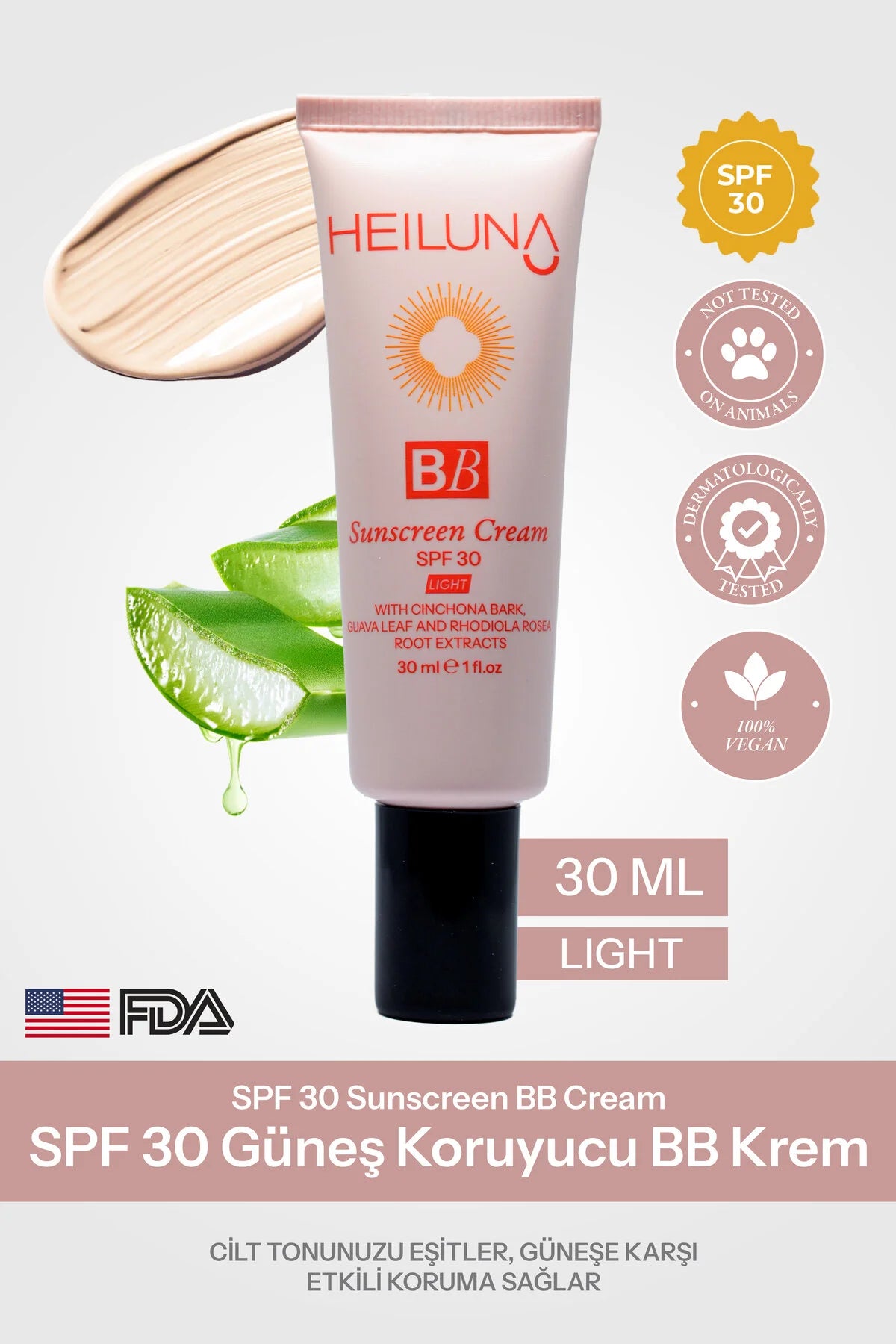 Heiluna BB Sunscreen Crème Licht SPF 30 Zonbescherming - Niacinamide Verheldert+Hydrateert - Hyaluronzuur - Cinchona-schorsextract Verstekt huidbarriere - Guavebladextract Antioxiderende bescherming - Rhodiola-wortelextract - Alle huidtypen - 30 ml