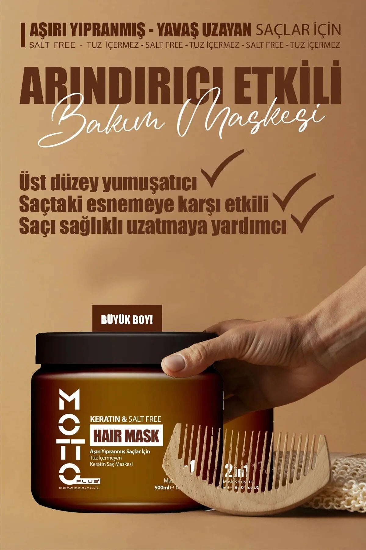 Motto Plus Professional Keratin Hair Mask Salt Free 2in1 – Haarmasker & Crème – Voor Beschadigd en Droog Haar – Keratine, Arganolie & Panthenol – 500 ml