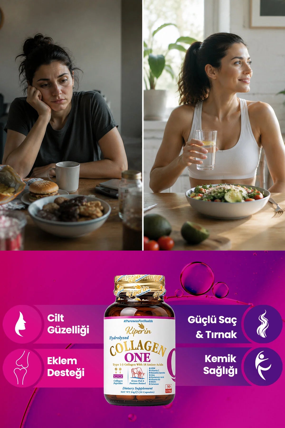Kiperin Collagen One – Gehydrolyseerd Collageen Type 1 & 3 – met MSM, Vitamine C, D3, Biotine, Zink & Hyaluronzuur – 30 Capsules