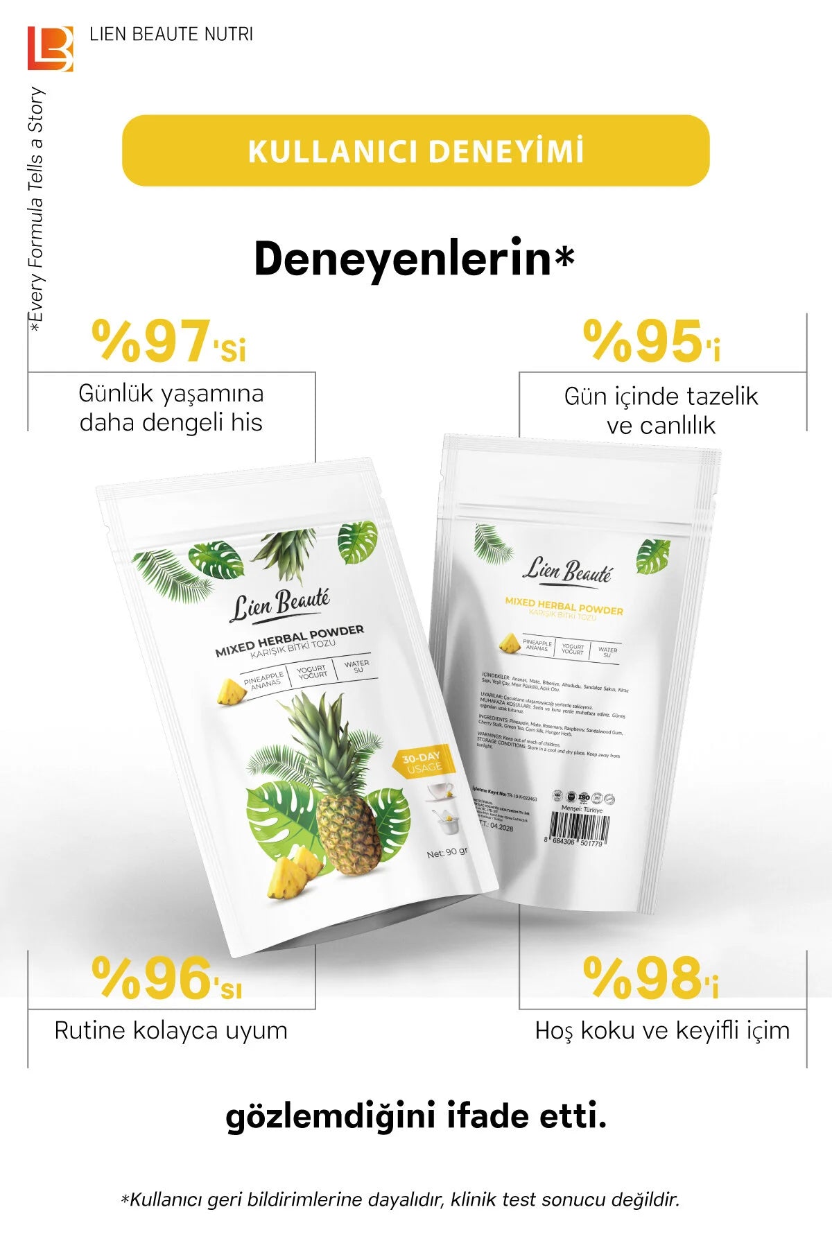 Lien Beauté Mixed Herbal Powder Ananas 90 g - Kruidenpoeder met Groene Thee & Mate - 30 Dagen Gebruik