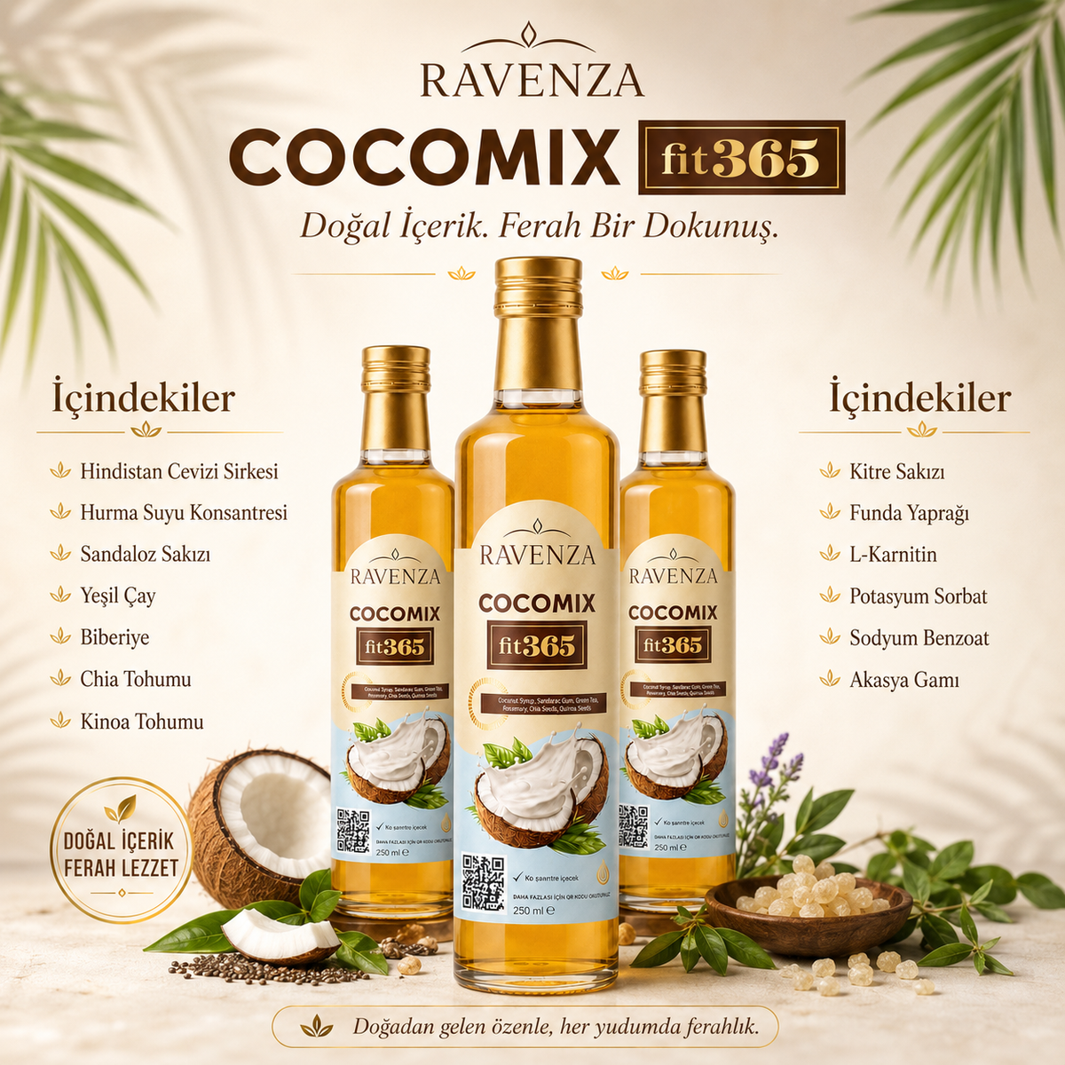 Ravenza Cocomix Fit365 – Kokosdrankconcentraat met Groene Thee, Chiazaad, Quinoa, Rozemarijn & L-Carnitine – 250 ml