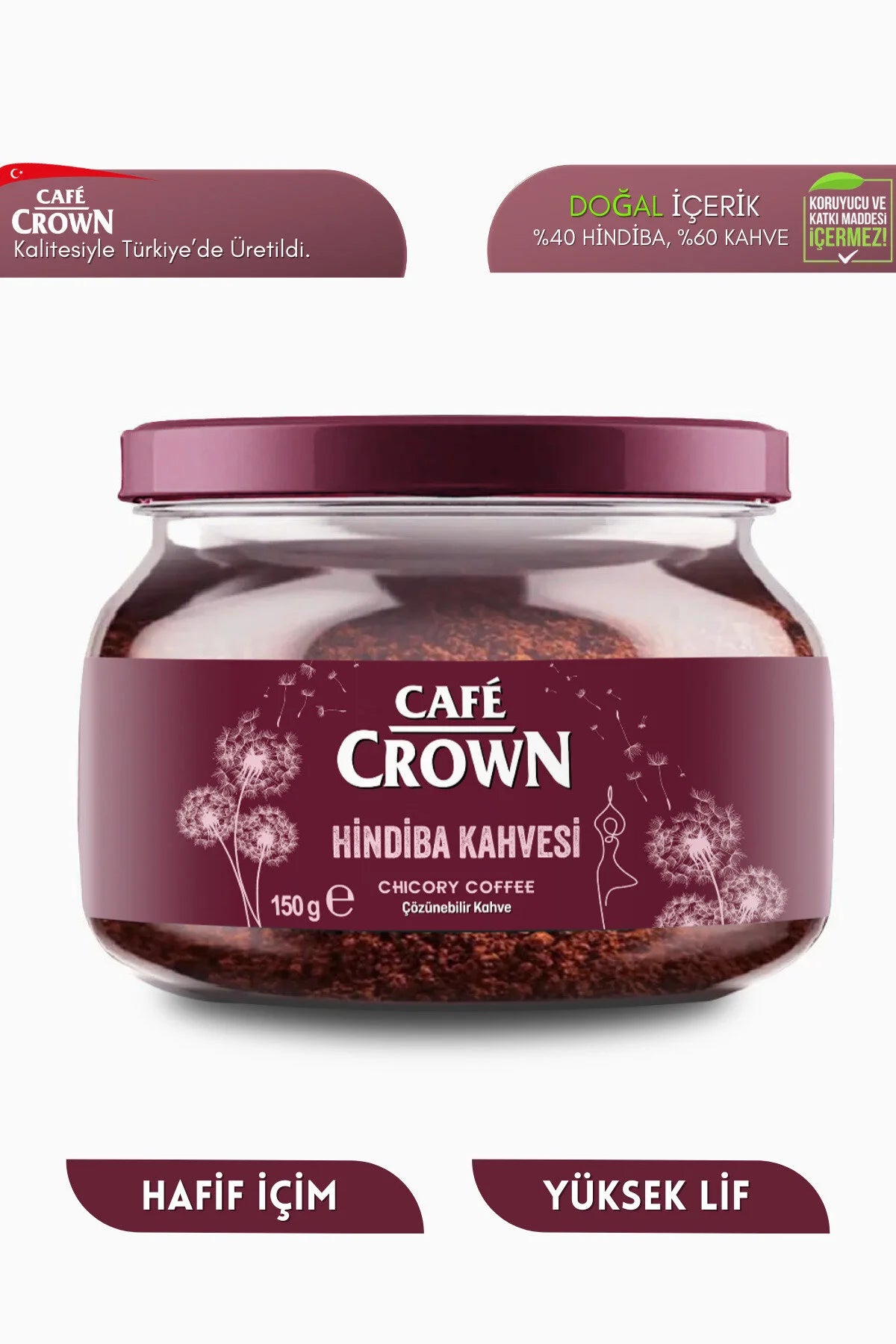 Café Crown Hindiba Kahvesi – Cichoreikoffie – 60% Instant Koffie & 40% Cichorei – Oplosbare Koffie – 150 g