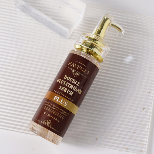 Ravenza Double Glutathione Serum 24K Gold Whitening Serum Plus 7 Dagen Gezicht Lichaam Serum Vitamine C Kojic Acid Huid Verlichting Correctie donkere vlekken Vermindert rimpels Verbetert dofheid voor gladde Stralende resultaten Alle huidtypen 120ml