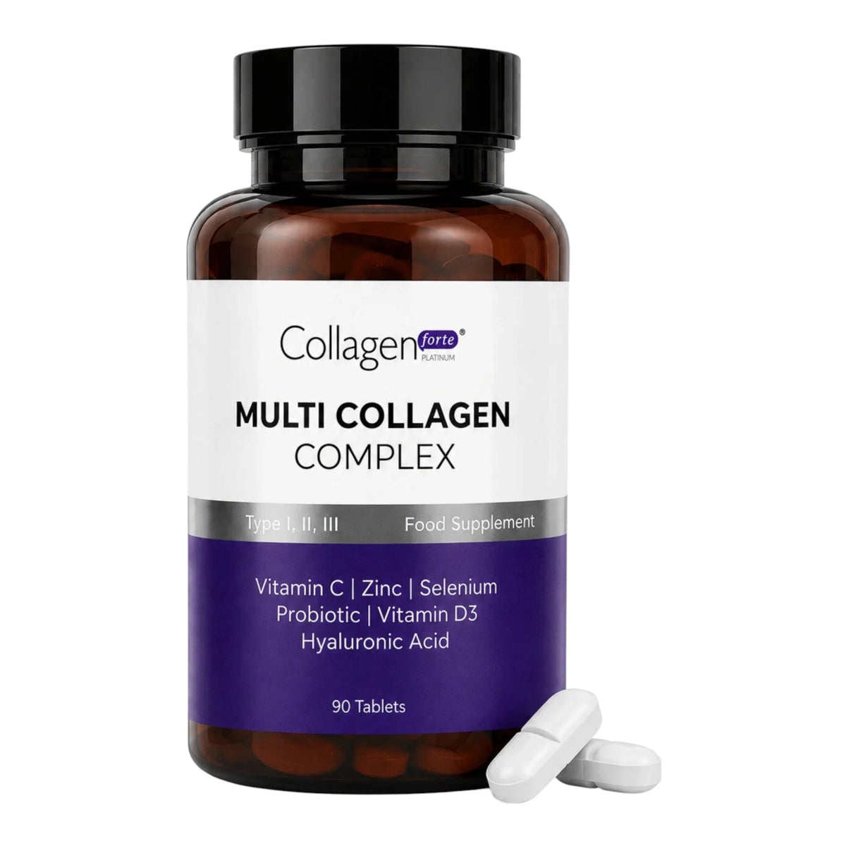 Collagen Forte Platinum Multi Collagen Complex – Type I, II & III – Vitamine C, D3, Zink, Selenium & Hyaluronzuur – 90 Tabletten