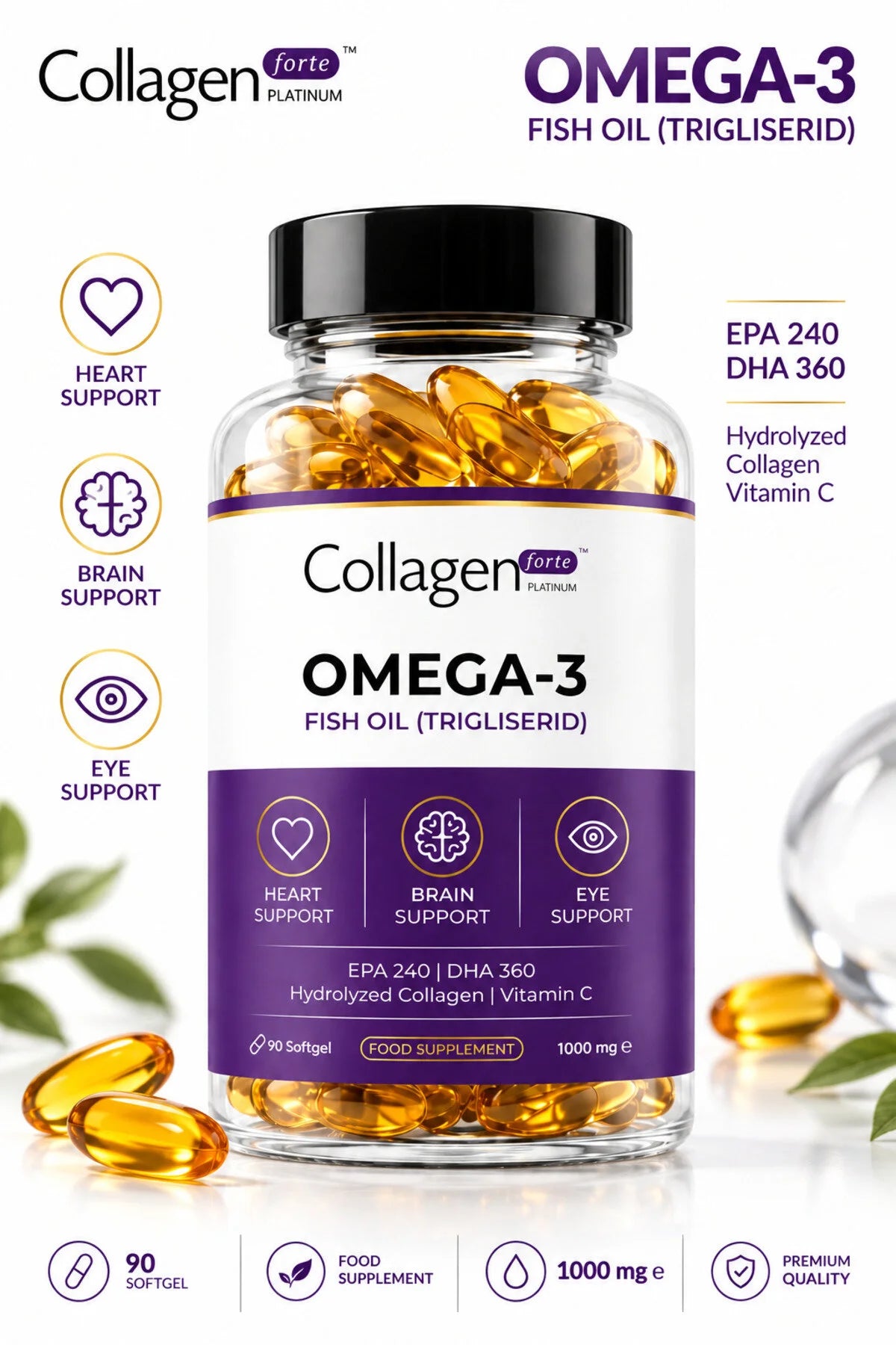 Collagen Forte Platinum Omega 3 Visolie – Triglyceride Vorm – EPA 240 mg & DHA 360 mg – Met Viscollageen en Vitamine C – 90 Softgels
