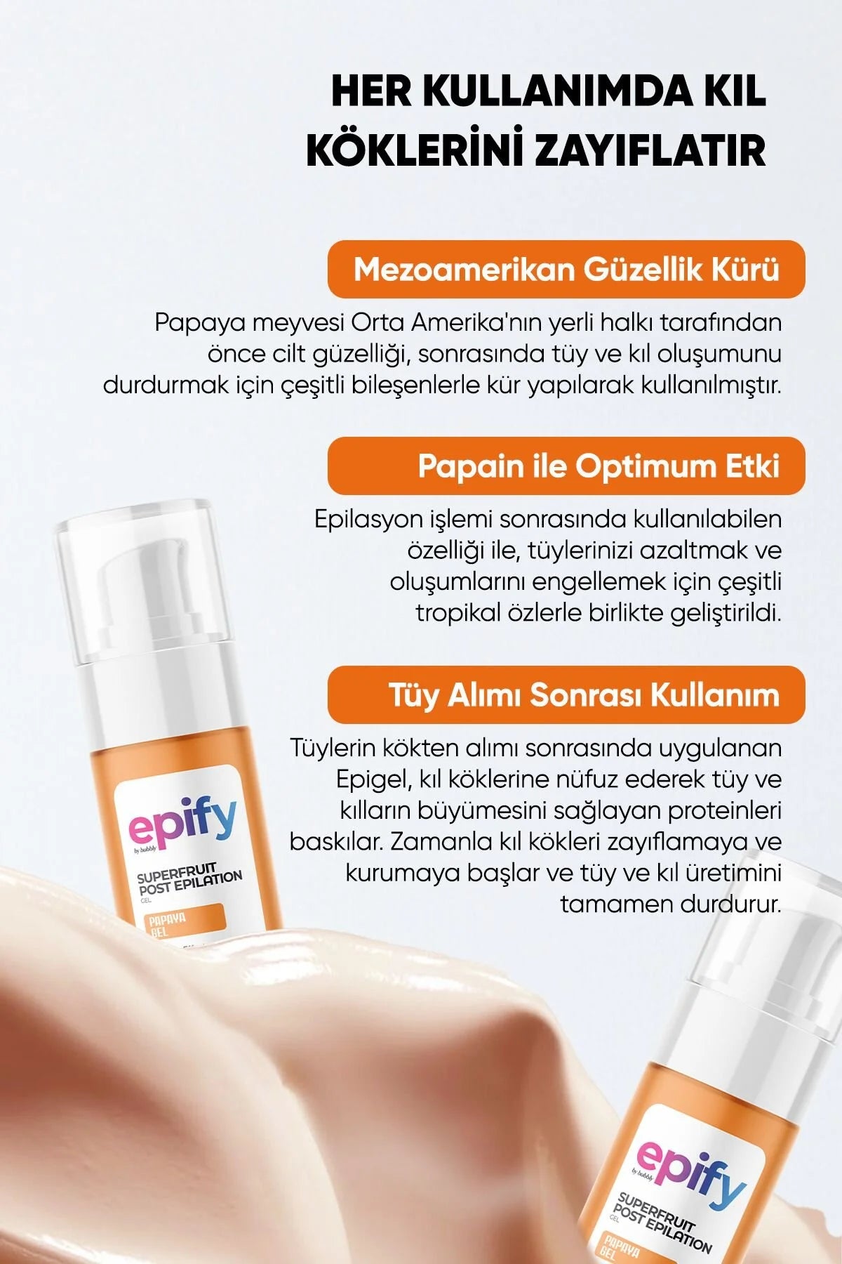 Epify Superfruit Post Epilation Papaja Gel Soothing Effect Thins Hair Gradually - Gel voor Na-Epilatie - Verzachtend effect - Vetraagt de epilatiecyclus - Kalmeert+Verzacht+Vernieuw huid na het epileren met kracht van papaja-ananas-curcumine - 75 ml