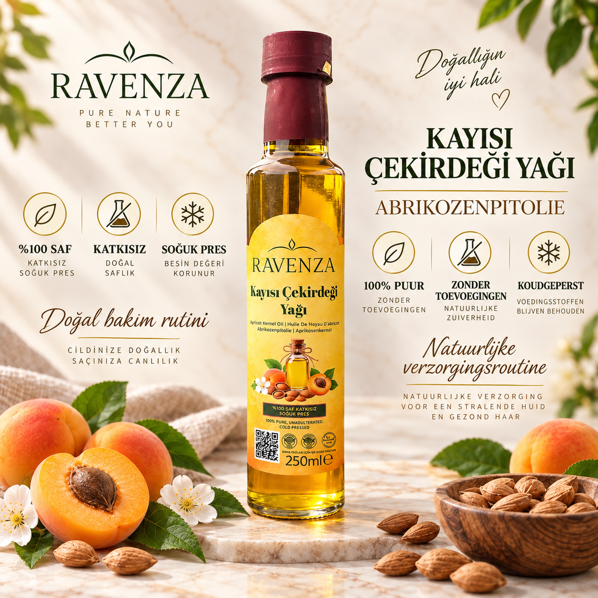 Ravenza Kayısı Çekirdeği Yağı – 100% Pure Abrikozenpitolie – Koudgeperst – Zonder Toevoegingen – 250 ml