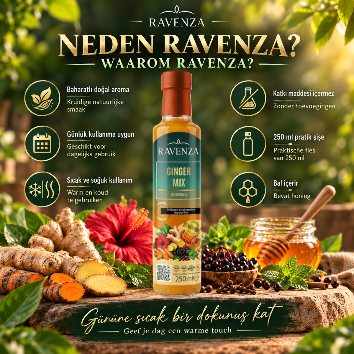Ravenza Ginger Mix – Gembermix met 30% Gember, Kurkuma, Honing, Hibiscus & Vitamine C – 250 ml