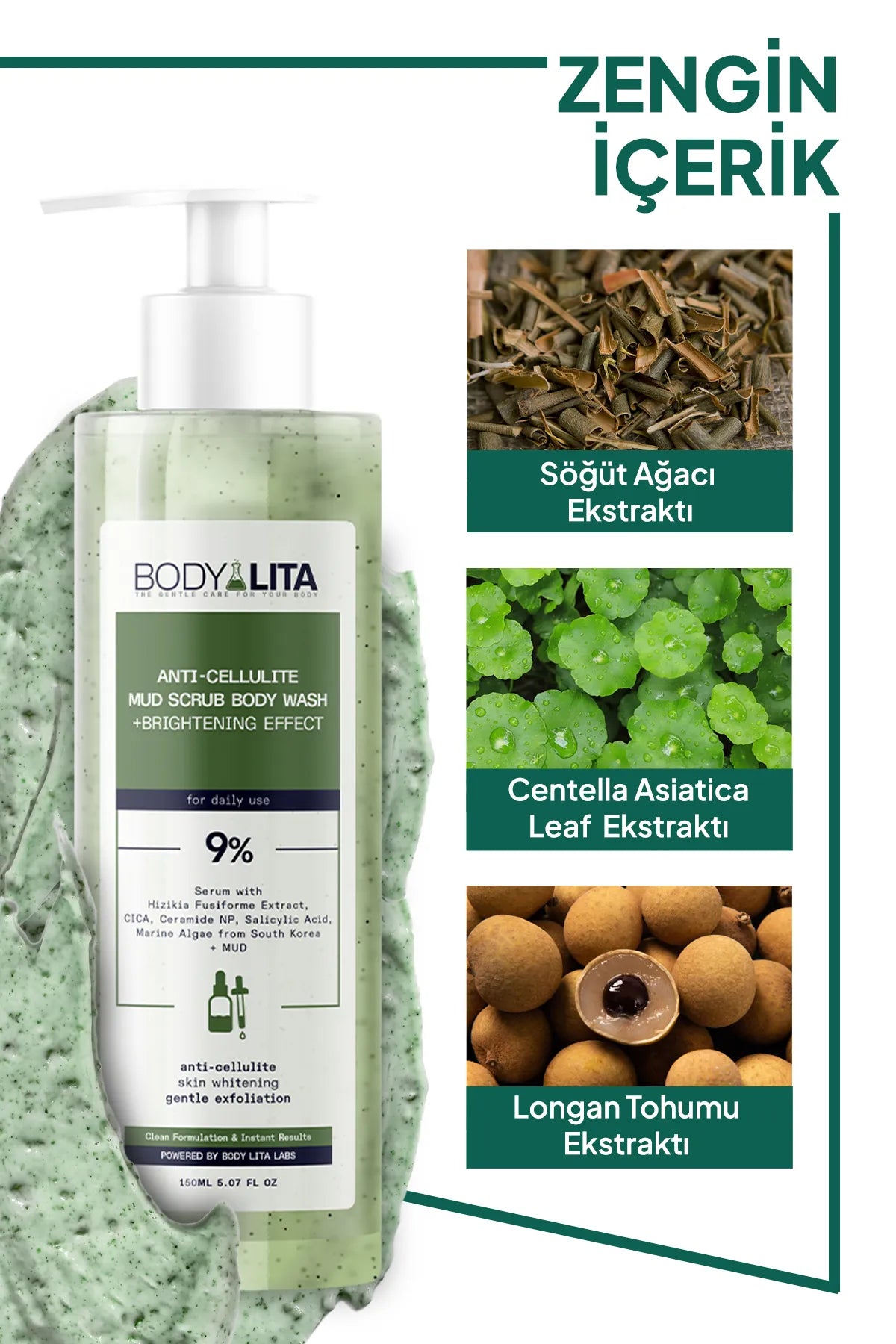 BodyLita Anti-Cellulite Permanente oplossing voor cellulitis met 9% Serum Mud Scrub Body Wash Gel + Brightening (Verhelderend) Effect Schone formule & Directe resultaten - Aangedreven door Body Lita Labs - Vermindert cellulitis in 10 dagen - 150 ml