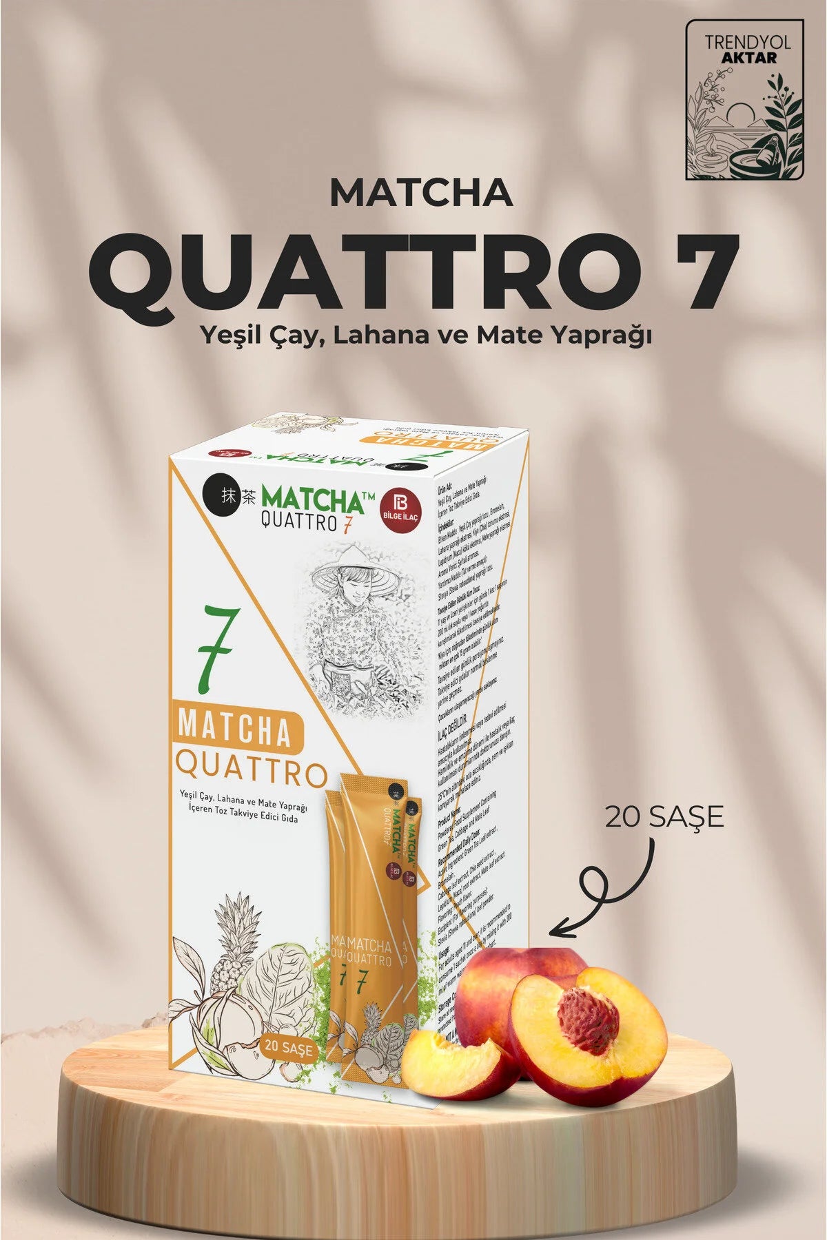 Matcha Premium Japanese Quattro 7 Poeder Sachets – Perziksmaak – Voedingssupplement met Groene Thee & Mate – 20 Stuks