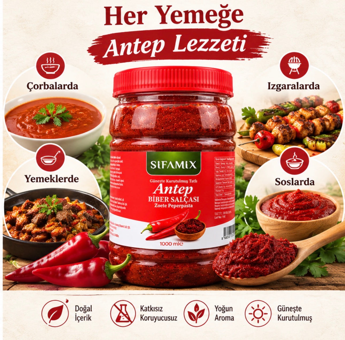Şifamix Antep Zoete Peperpasta – Zongedroogde Paprikapasta – Met Peper & Zout – 1000 ml