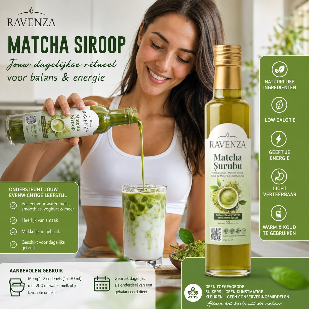 Ravenza Matcha Siroop – Gefermenteerde Matcha Drankconcentraat met Groene Thee-Extract, Dadelconcentraat & L-Carnitine – 250 ml