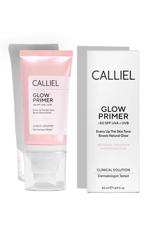 Calliel Glow Primer SPF 50+ UVA+UVB Evens Up Skin Tone Boosts Natural Glow - Toon-egaliserende zonnebrandcreme - Helpt de huidteint met Arbutin Niacinamide & Hyaluronic Acid - Verhelderende & Intensief hydraterende crème Dermatologisch getest 50 ml