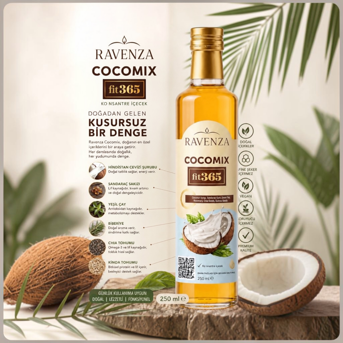 Ravenza Cocomix Fit365 – Kokosdrankconcentraat met Groene Thee, Chiazaad, Quinoa, Rozemarijn & L-Carnitine – 250 ml