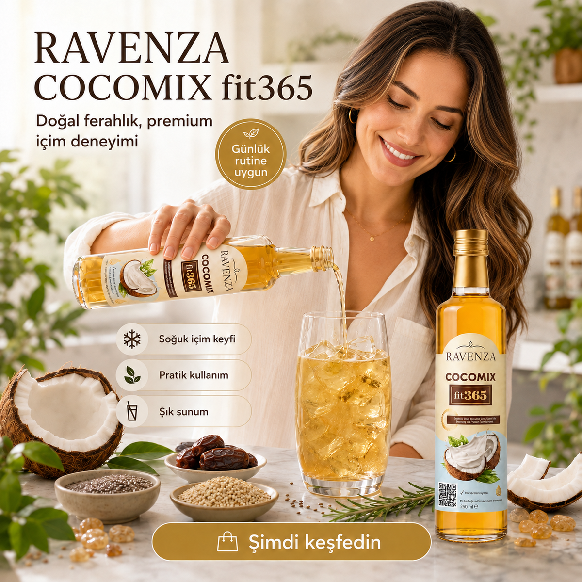 Ravenza Cocomix Fit365 – Kokosdrankconcentraat met Groene Thee, Chiazaad, Quinoa, Rozemarijn & L-Carnitine – 250 ml
