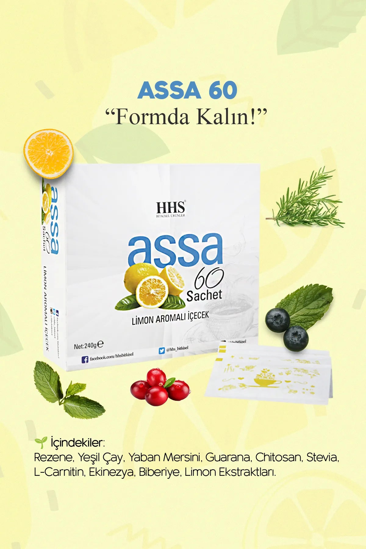 HHS Assa Detox Thee Lemon Flavored Drink - Citroen Gemengde Kruidenthee – Ondersteun uw dieet en blijf in vorm! - Detox Kruidendrank - 60 Sachets 240g