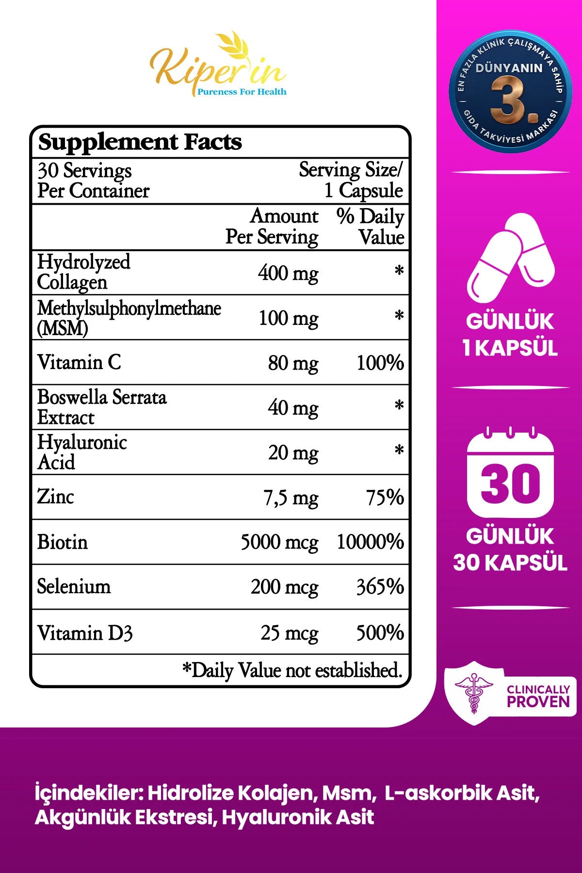 Kiperin Collagen One – Gehydrolyseerd Collageen Type 1 & 3 – met MSM, Vitamine C, D3, Biotine, Zink & Hyaluronzuur – 30 Capsules