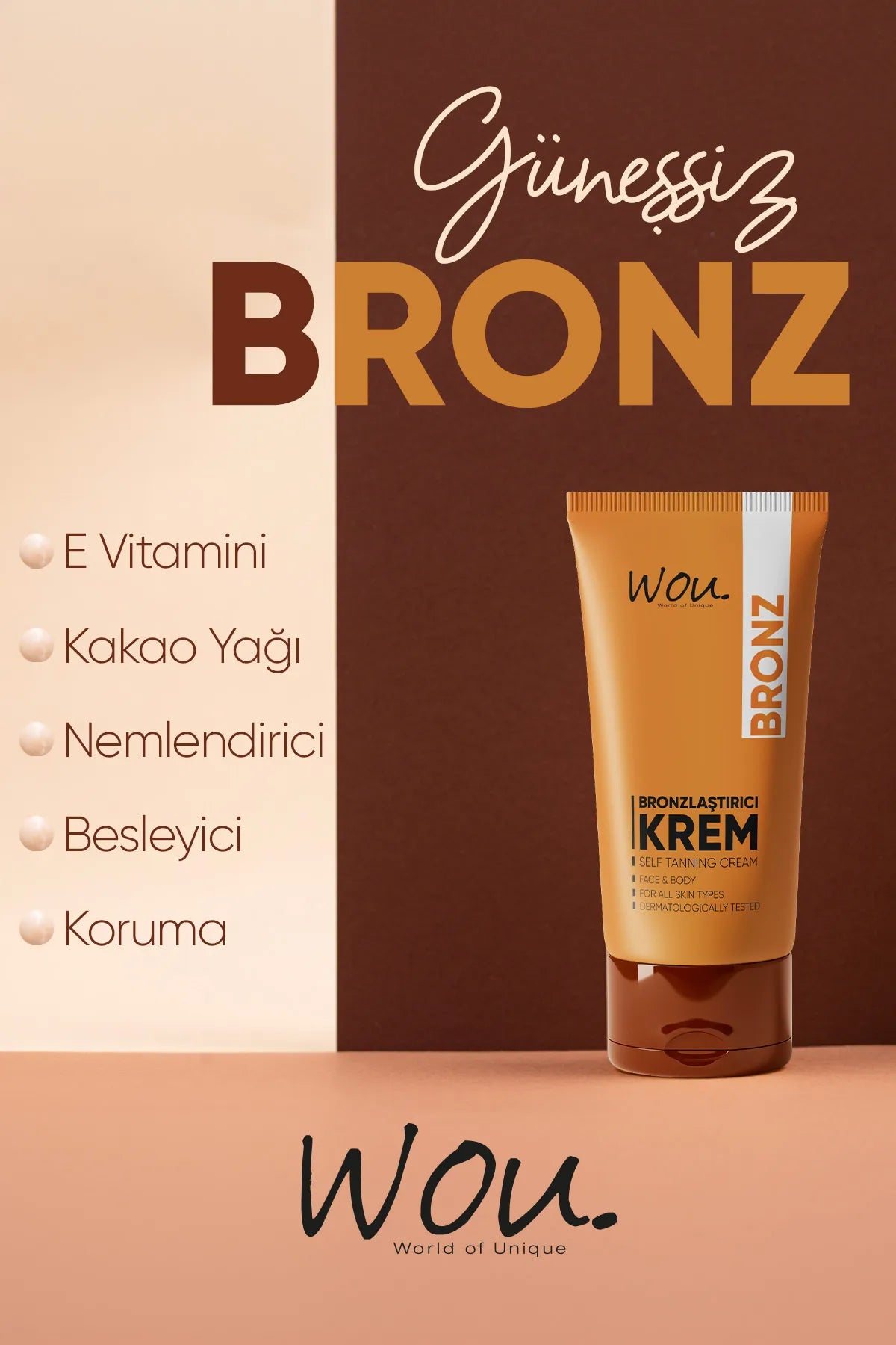 Wou World of Unique Sunless Bronzing and Moisturizing Cream - Zelfbruinend creme - Bronzer Effect - Gezicht & Lichaam - Cacaoboter + Vitamine E - UVA/UVB bescherming - Dermatologisch getest - Alle huidtypen - 50 ml