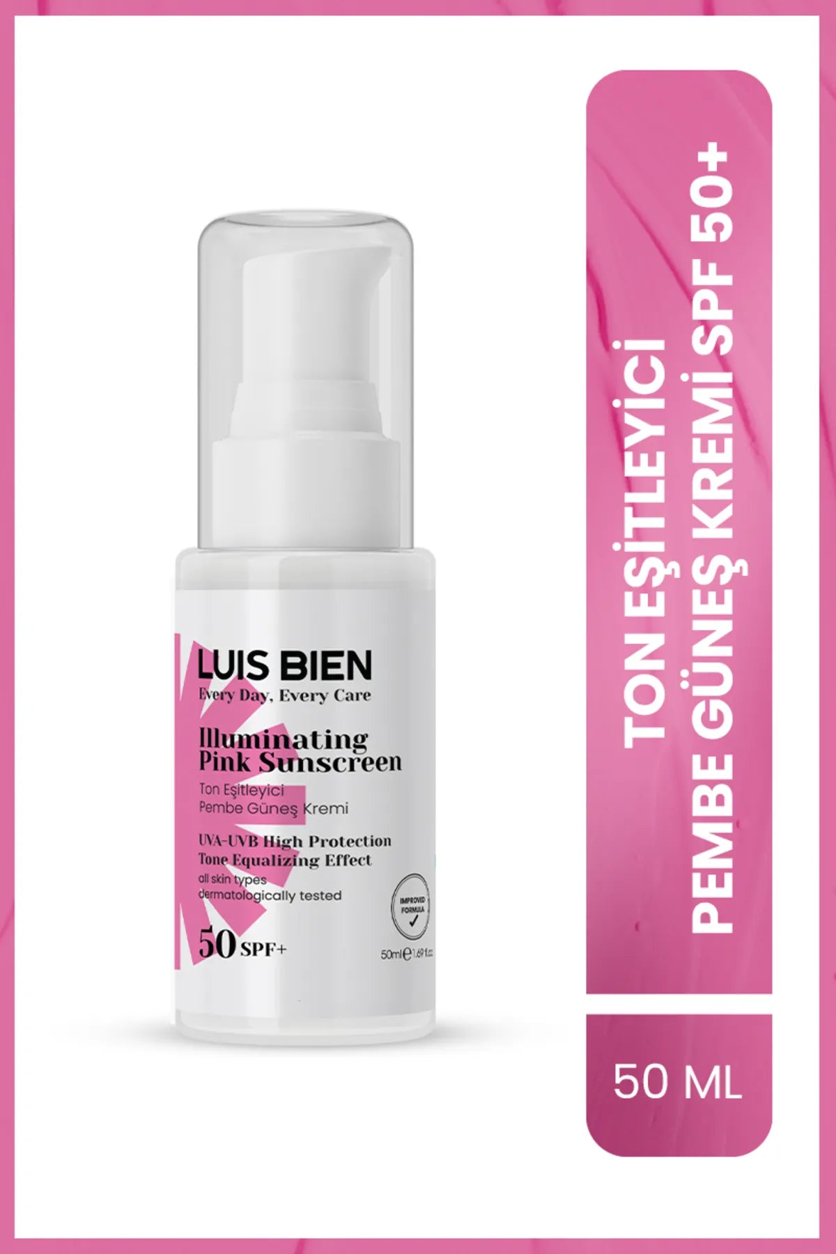 Luis Bien Illuminating Pink Sunscreen SPF 50+ / UVA-UVB hoge beschermingstoon Egaliserende werking - Verhelderende Roze Zonnebrandcreme - Anti-vlekjes & Hydraterend - Dermatologisch getest - Alle huidtypen 50 ml