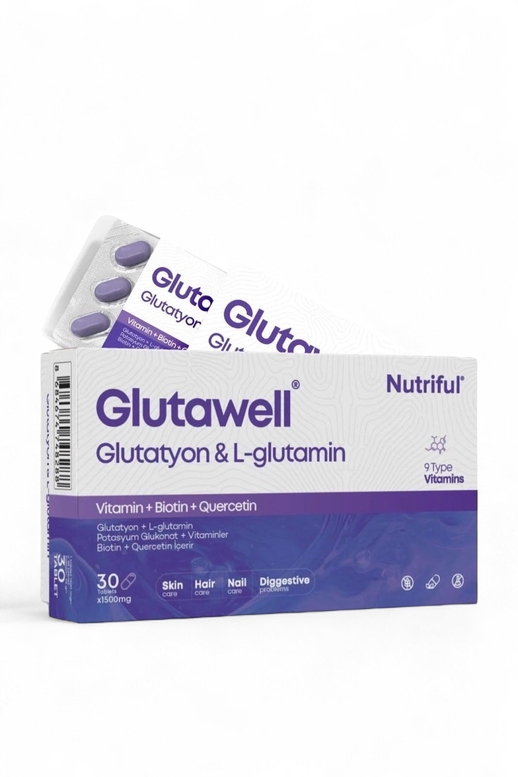 Nutriful Glutawell Glutatyon & L-glutamin - 9 type Vitamine+Biotine+Quercetin - Huid- Haar- Nagelverzorging & Spijsverteringsproblemen - 30 tabletten x 1500 mg