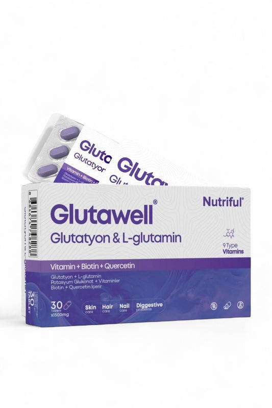 Nutriful Glutawell Glutatyon & L-glutamin - 9 type Vitamine+Biotine+Quercetin - Huid- Haar- Nagelverzorging & Spijsverteringsproblemen - 30 tabletten x 1500 mg