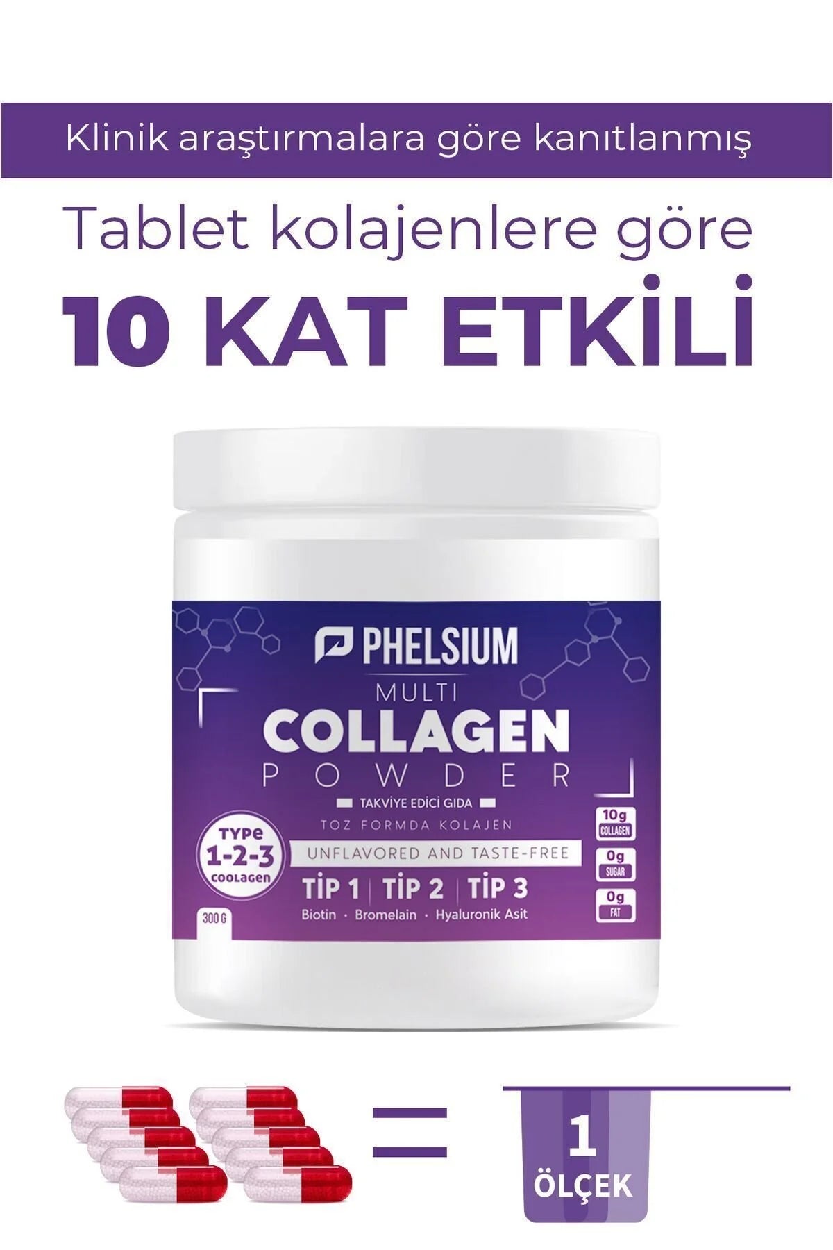 Phelsium Multi Collagen Poeder Type 1 2 3 met Hyaluronzuur, Biotine en Bromelaïne - Smaakloos - 300 g