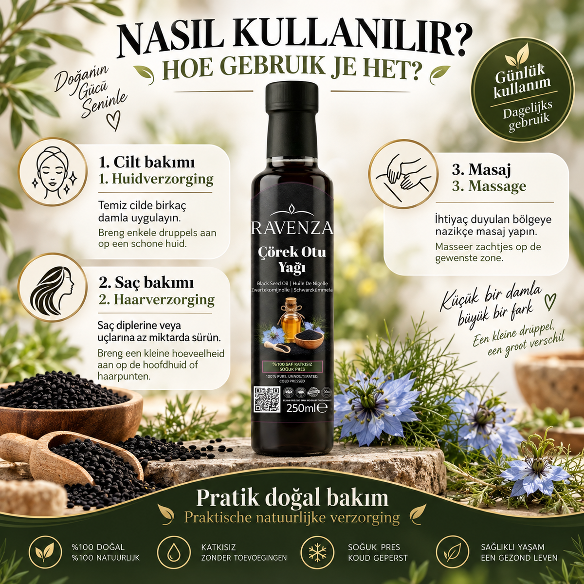 Ravenza Çörek Otu Yağı – 100% Pure Zwartekomijnolie – Koudgeperst – Zonder Toevoegingen – 250 ml