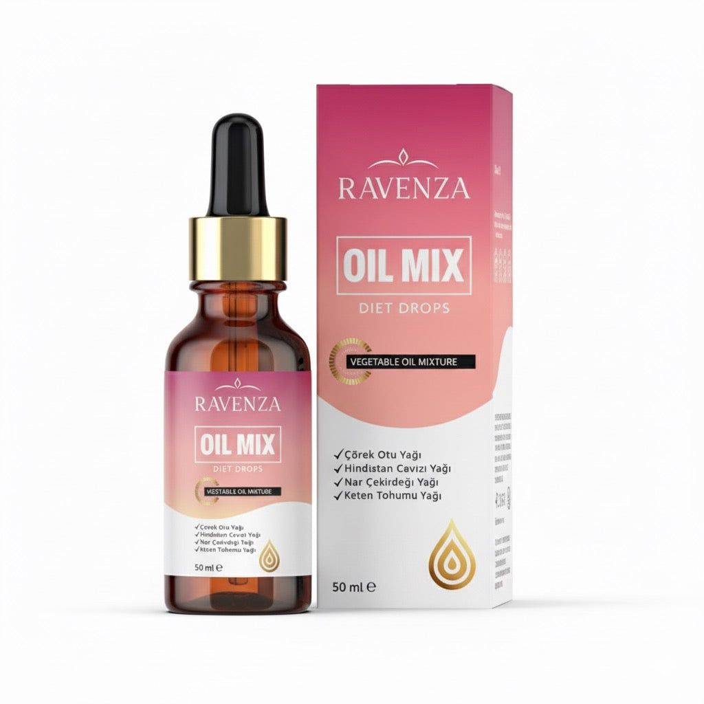 Ravenza Oil Mix Diet Drops - Dieetdruppels met Plantaardige Oliën - Help om af te vallen - Slimming Drops Keto - 50 ml met Zwarte komijn - Kokos - Granaatappel & Lijnzaadolie - 100% Plantaardige Olieblend - 30 dagen Detox