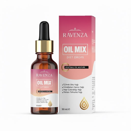 Ravenza Oil Mix Diet Drops - Dieetdruppels met Plantaardige Oliën - Help om af te vallen - Slimming Drops Keto - 50 ml met Zwarte komijn - Kokos - Granaatappel & Lijnzaadolie - 100% Plantaardige Olieblend - 30 dagen Detox
