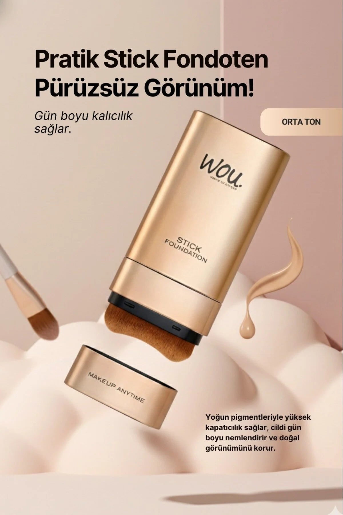 WOU Stick Foundation Medium – Foundation Stick met Geïntegreerde Make-upkwast – Medium / Orta Ton – Hoge Dekking – 20 g