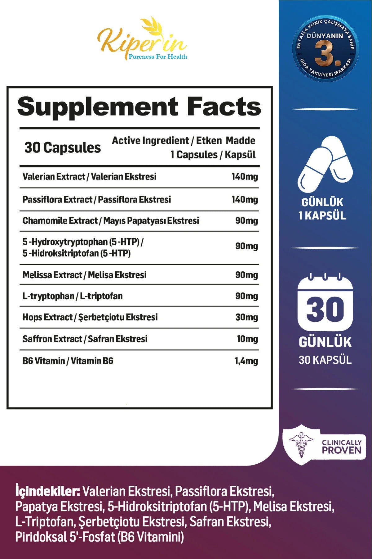 Kiperin Calm 30 Capsules | Valerian, Passiflora, 5-HTP & L-Tryptophan | Met Melissa, Kamille en Saffraan Extract