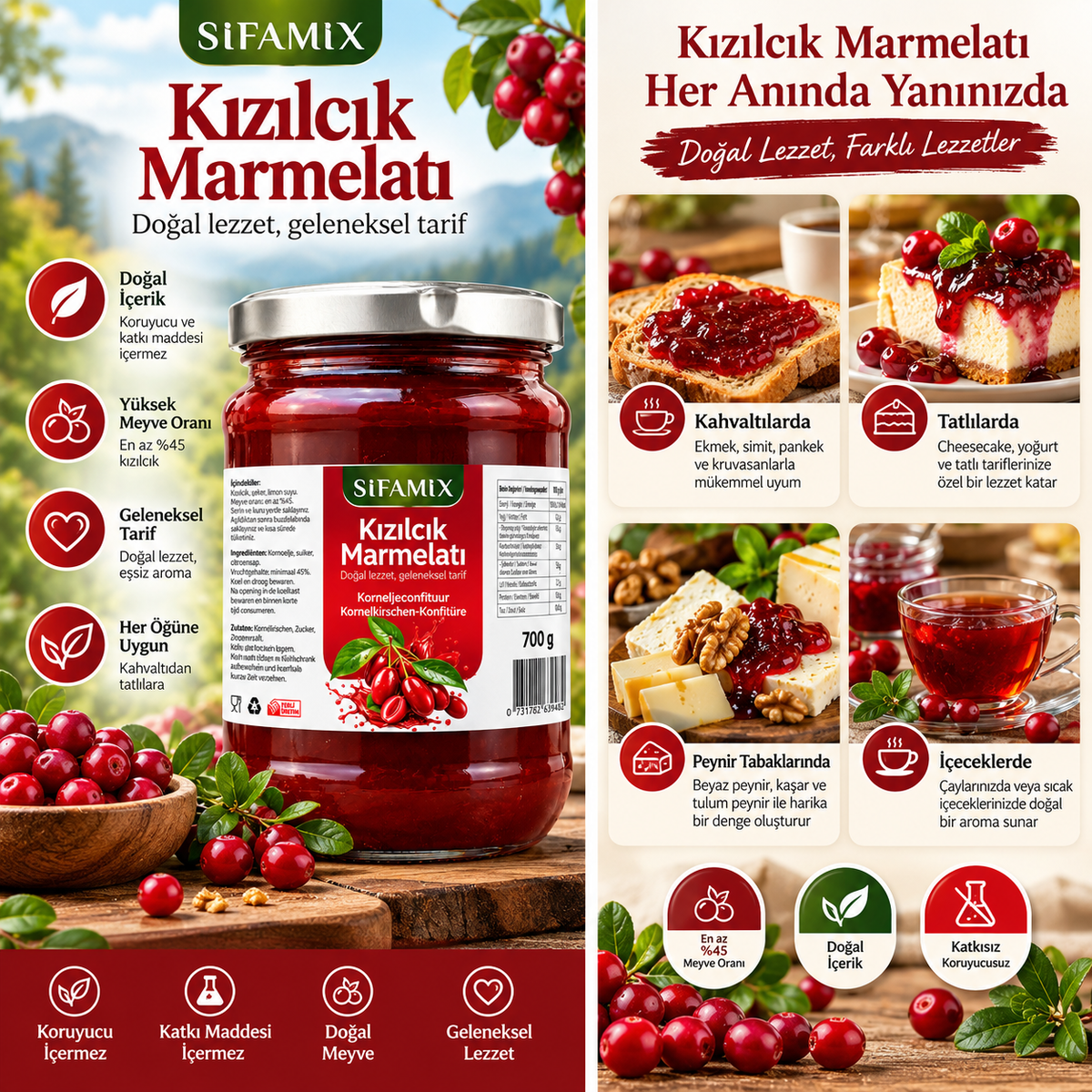 Şifamix Kornoeljeconfituur – Kızılcık Marmelatı – Met Kornoeljekersen & Suiker – Glutenvrij – Zonder Conserveermiddelen en Kleurstoffen – 700 g