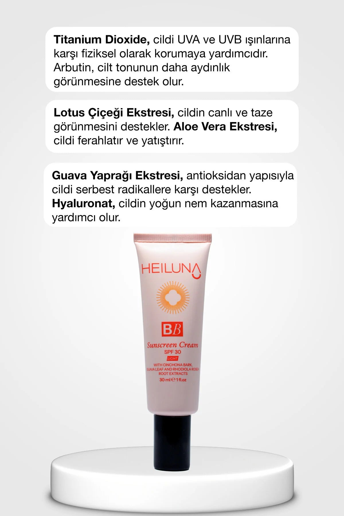 Heiluna BB Sunscreen Crème Licht SPF 30 Zonbescherming - Niacinamide Verheldert+Hydrateert - Hyaluronzuur - Cinchona-schorsextract Verstekt huidbarriere - Guavebladextract Antioxiderende bescherming - Rhodiola-wortelextract - Alle huidtypen - 30 ml