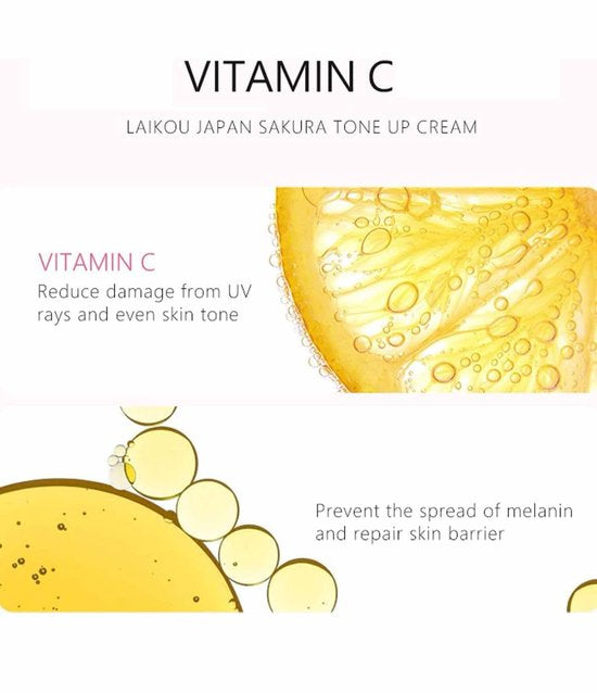 Laikou - Japan Sakura Tone Up Cream - Hydrateert huid - Verzacht droge huid - Bedekt donkere kringen - Grote poriën - Acne-littekens & Doffe huid - Niacinamide - Vitamine C - Centella Asiatica extract - Voor alle huidtypen - 30 g