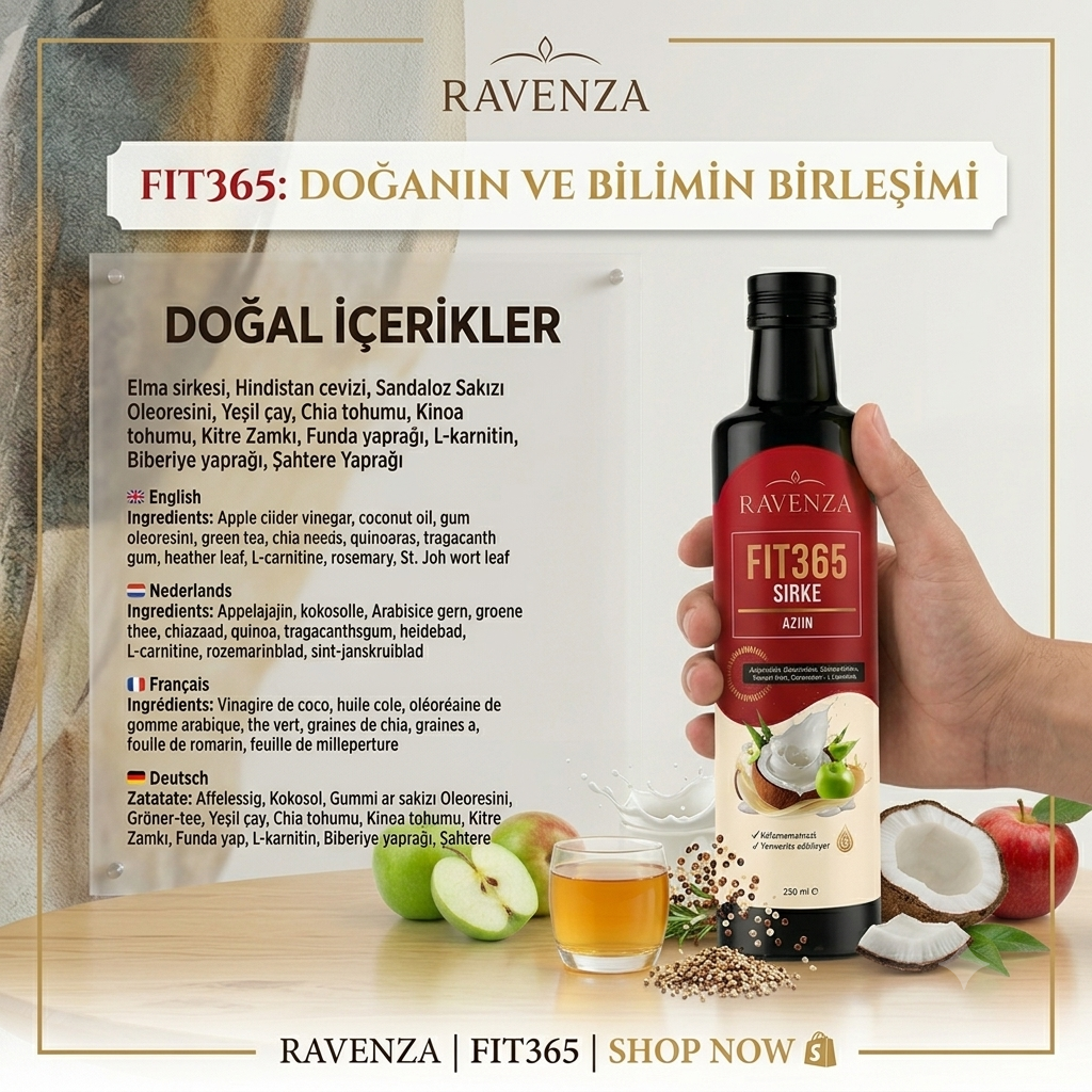 Ravenza Fit365 Azijn 250 ml – Appelazijn met Kokosolie, Chiazaad, Quinoa & L-Carnitine – Natuurlijk Gefermenteerd