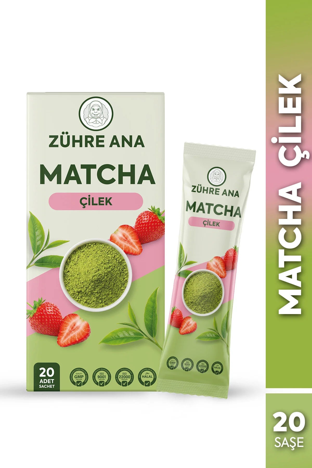 Zühre Ana Matcha Çilek – Groene Thee Kruidenmix met Spirulina & Aardbeiensmaak – 20 Sachets x 8 g