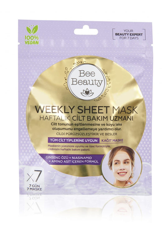 Bee Beauty Weekly Sheet Mask - 7-Pack papieren Gezichtsmasker - Wekelijkse verzorgingspakket - Egaliseert huidkleur - Helpt de vorming van Donkere vlekken te voorkomen - Speciale formule met Ginsengextract+Niacinamide+Aminozuur - Voor alle huidtypen