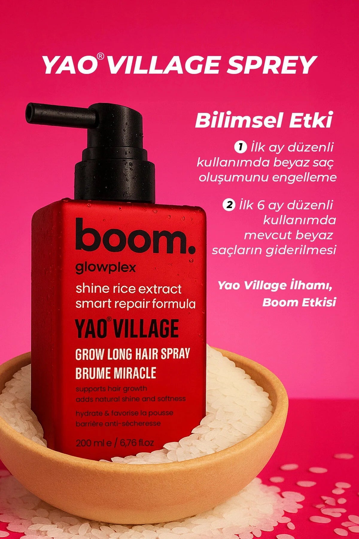 Boom Glowplex Yao Village Spray - Haargroei Versterkende Spray - Met Gefermenteerde Yao Rijst / Lijnzaad & Kokosolie - Ter bevordering van haargroei & Ter voorkoming van haaruitval - Versterkend & Glansgevend - 200 ml