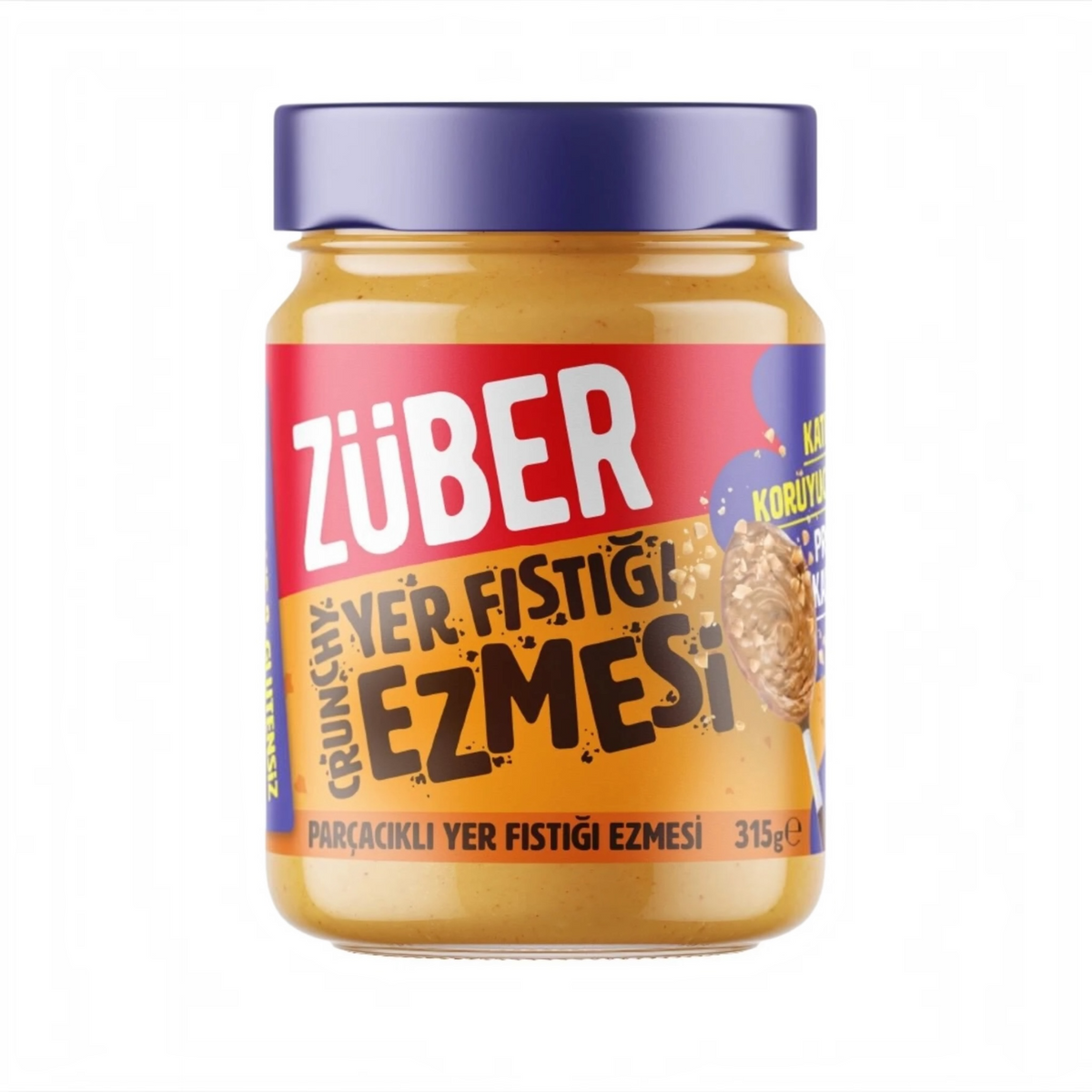 Züber Crunchy Pindakaas – 95% Pinda's – Pindakaas met Stukjes – Vezelrijk & Eiwitrijk – Glutenvrij – 315 g