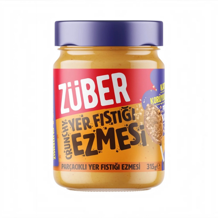 Züber Crunchy Pindakaas – 95% Pinda's – Pindakaas met Stukjes – Vezelrijk & Eiwitrijk – Glutenvrij – 315 g
