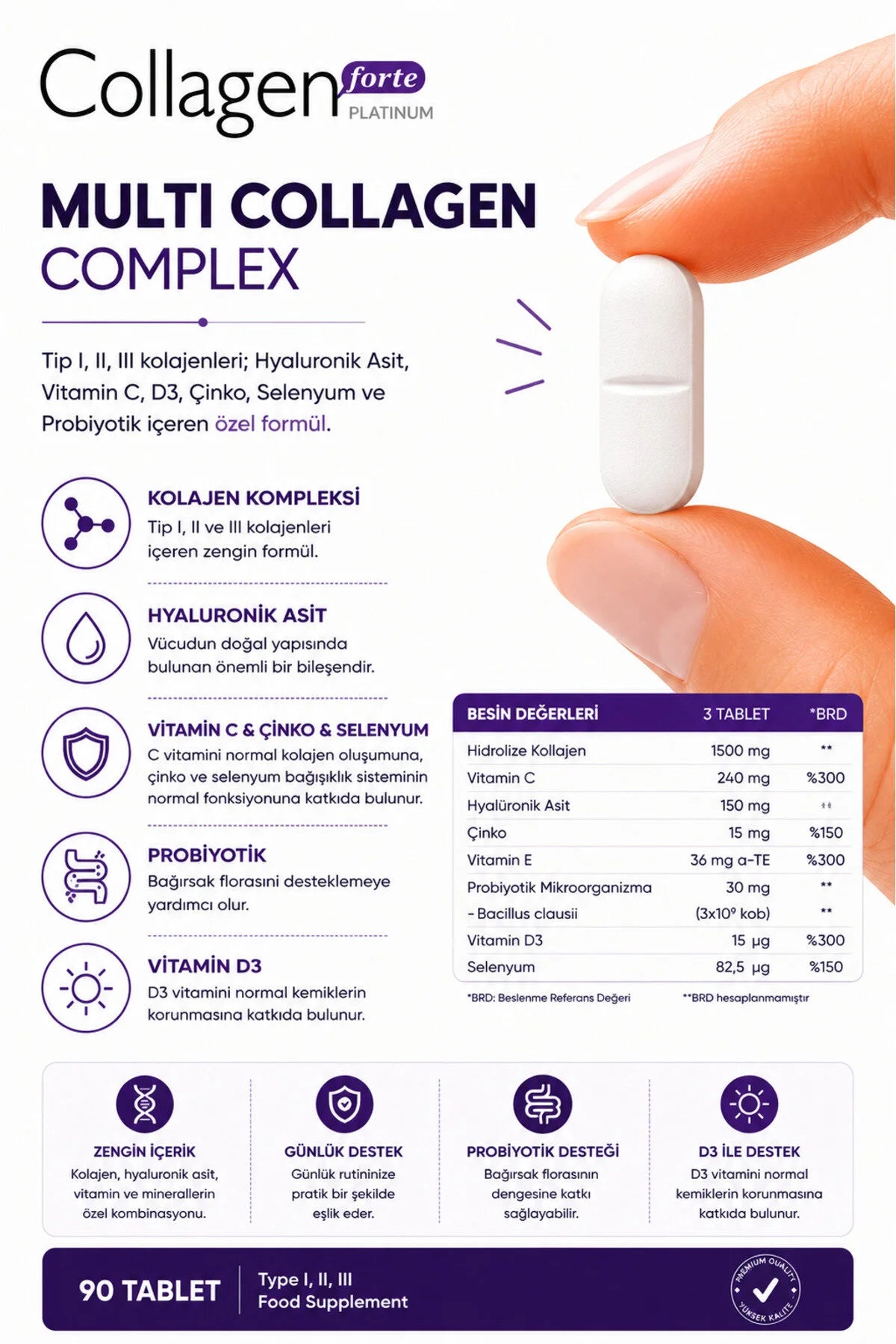 Collagen Forte Platinum Multi Collagen Complex – Type I, II & III – Vitamine C, D3, Zink, Selenium & Hyaluronzuur – 90 Tabletten