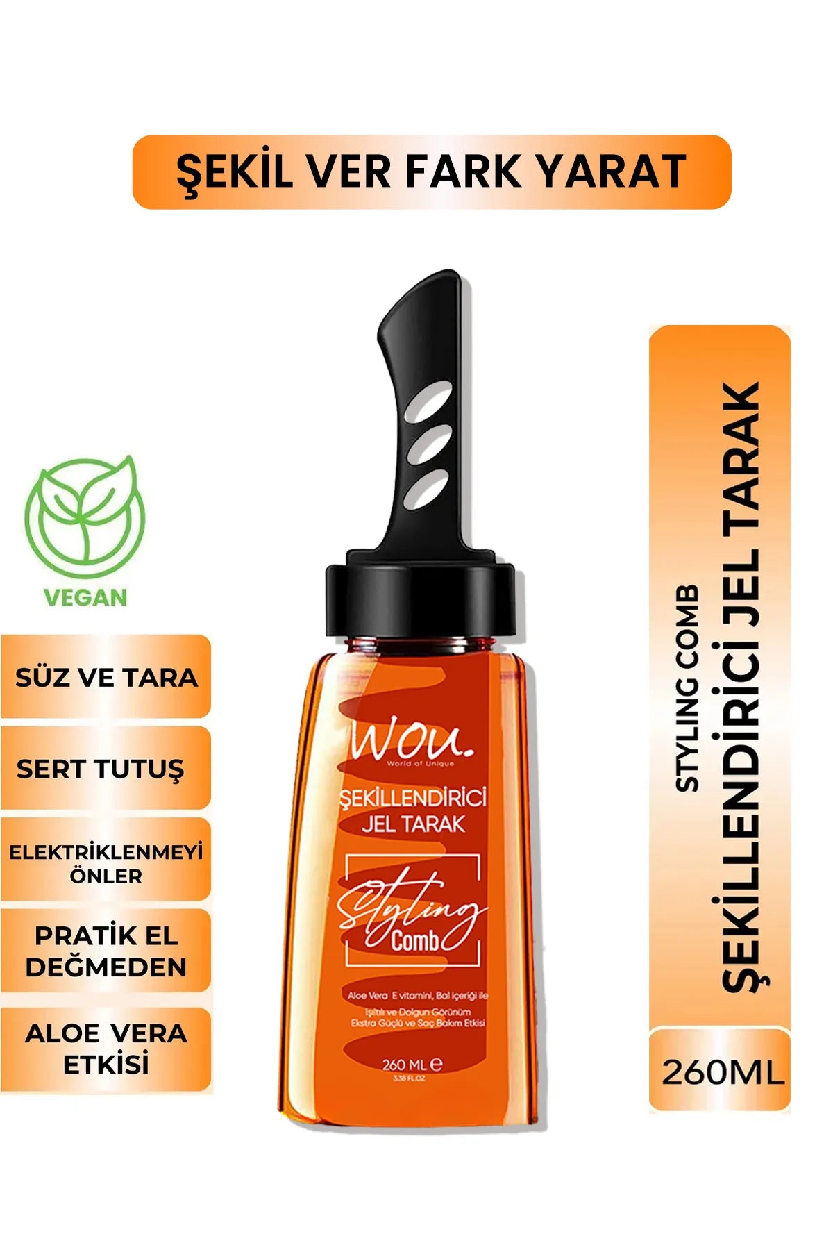 Wou World of Unique Styling Gel Kam met Aloë Vera - Vitamine E - Honinggehalte - Volume en vol uiterlijk - Extra sterk en haarverzorgingseffect - 260 ml