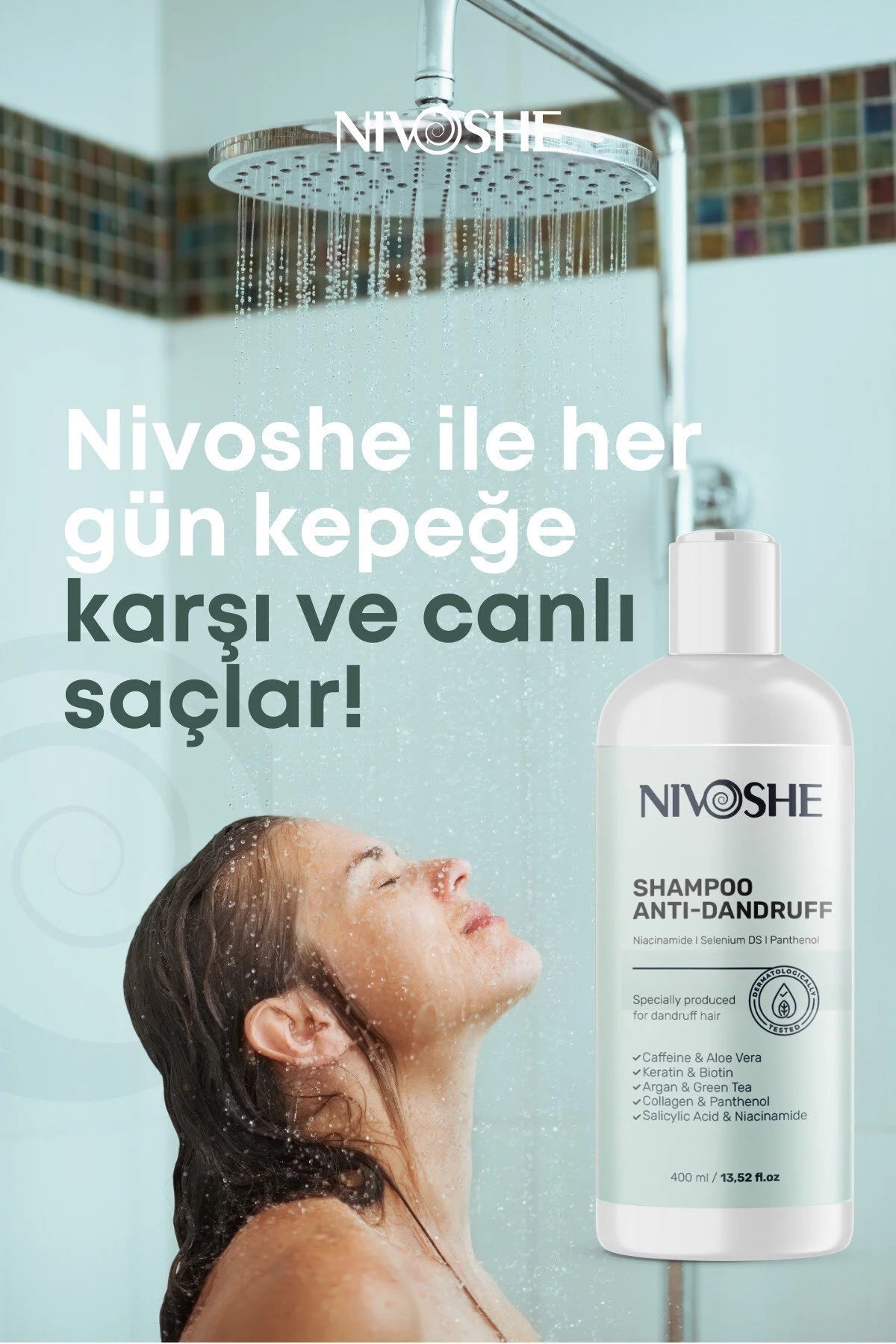Nivoshe Anti-Roos Shampoo - 11 Actieve Anti-Roos - Tegen Roos & Haaruitval - Met Caffeine/Biotine/Keratine/Arganolie/Groene Thee/Collageen/Panthenol/Salicylzuur/Niacinamide/Aloë Vera & Selenium - Dermatologisch getest - 400 ml