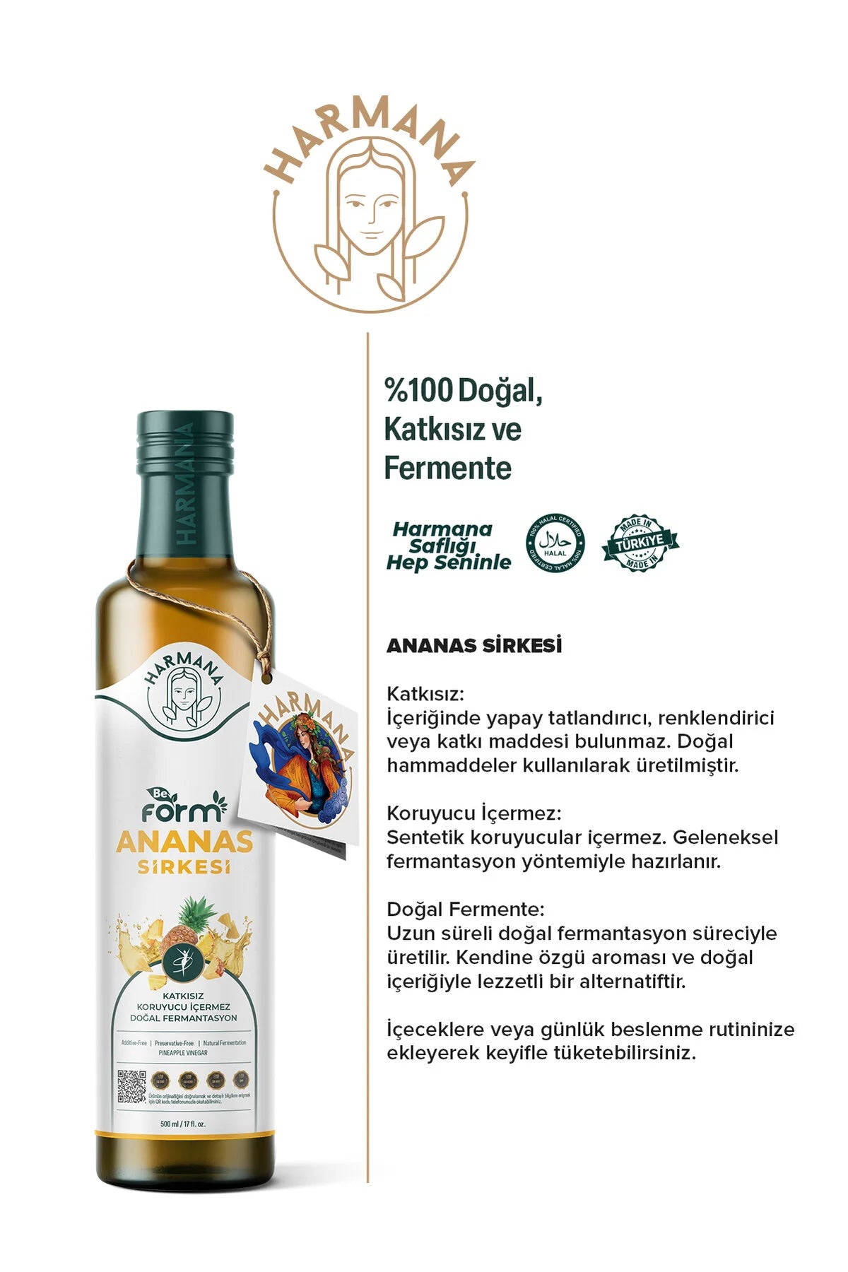 Harmana BeForm Ananas Sirkesi – Ananasazijn – Natuurlijk Gefermenteerd – Ongefilterd & Ongepasteuriseerd – 500 ml