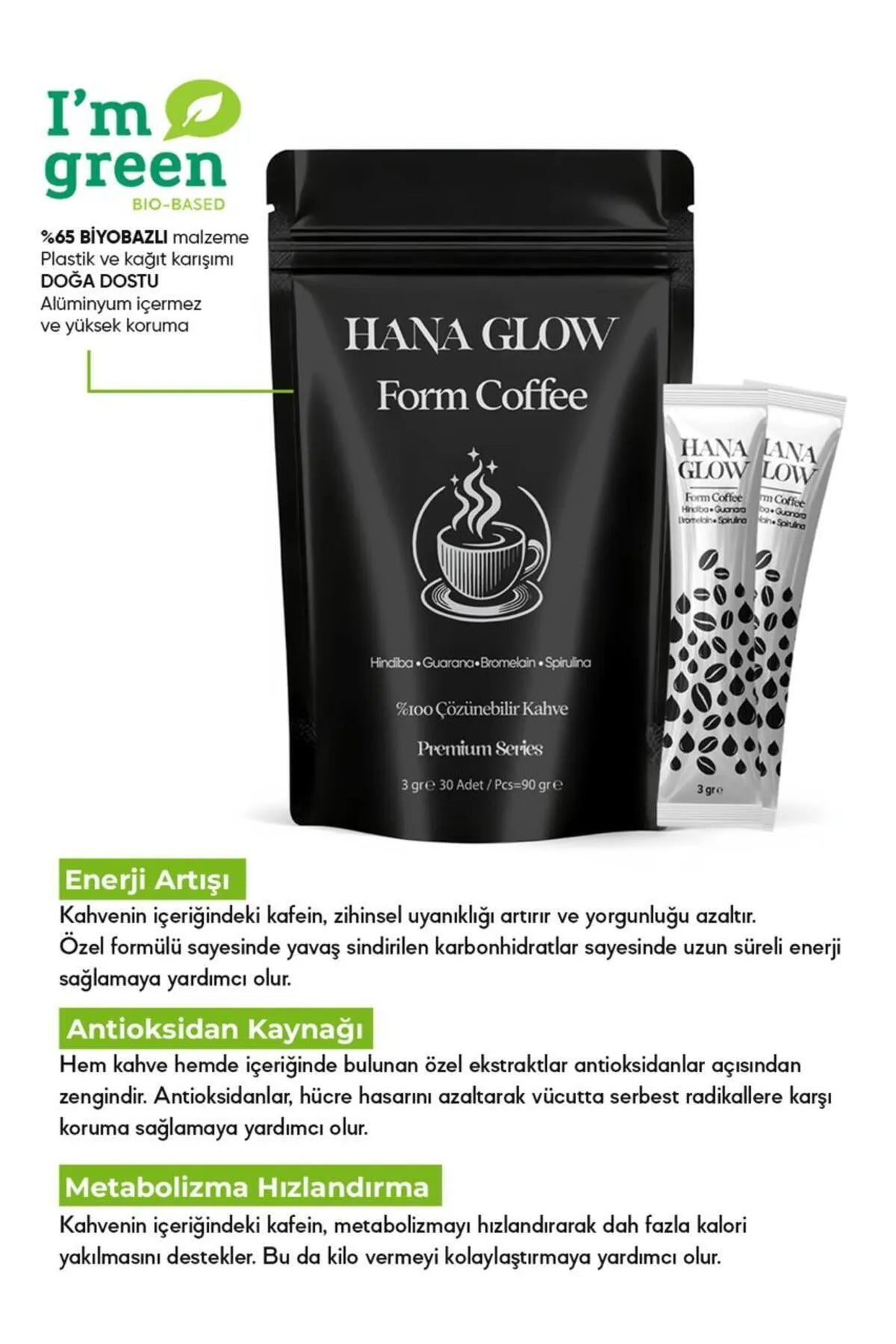 Hana Glow Form Koffie - Detox Dieet met Hinbiba (Cichorei) - Guarana - Bromelaïne en Spirulina - Energieverhoging - Bron van antioxidanten - Versnelling van het metabolisme - Unieke smaak - 3gr x 30 stuks = 90 gr