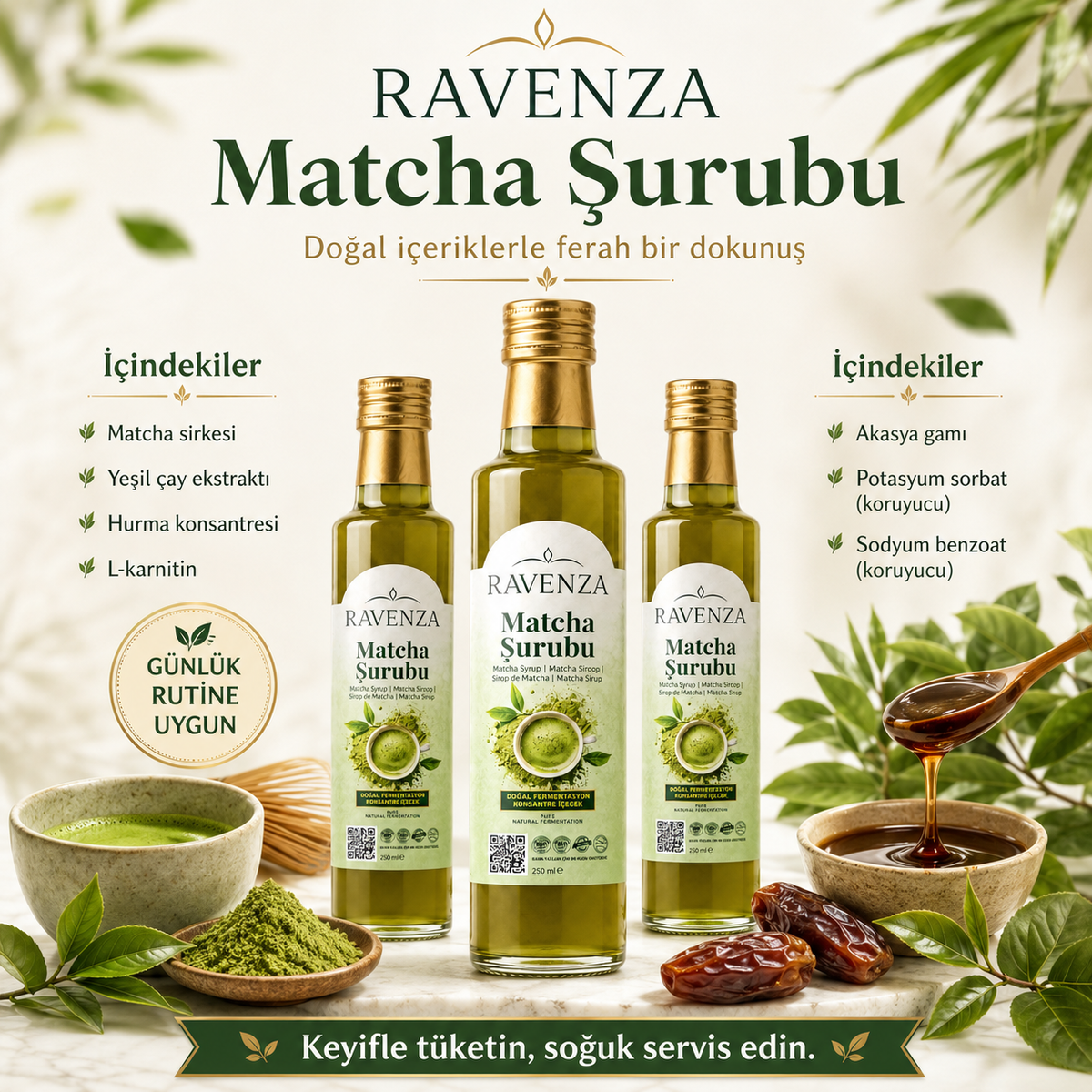 Ravenza Matcha Siroop – Gefermenteerde Matcha Drankconcentraat met Groene Thee-Extract, Dadelconcentraat & L-Carnitine – 250 ml